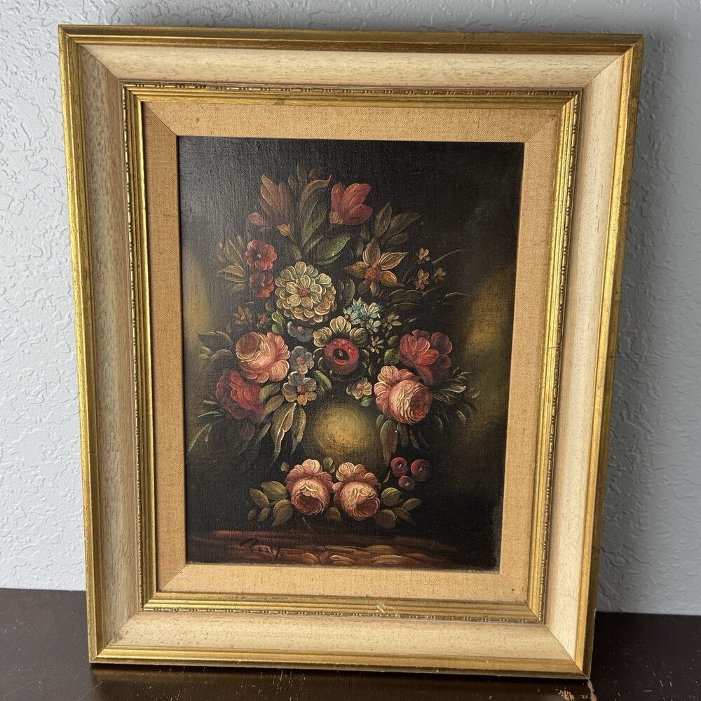 Original Oil Painting Signed 22x18 Frame Floral Still Life Old Master Style Vntg